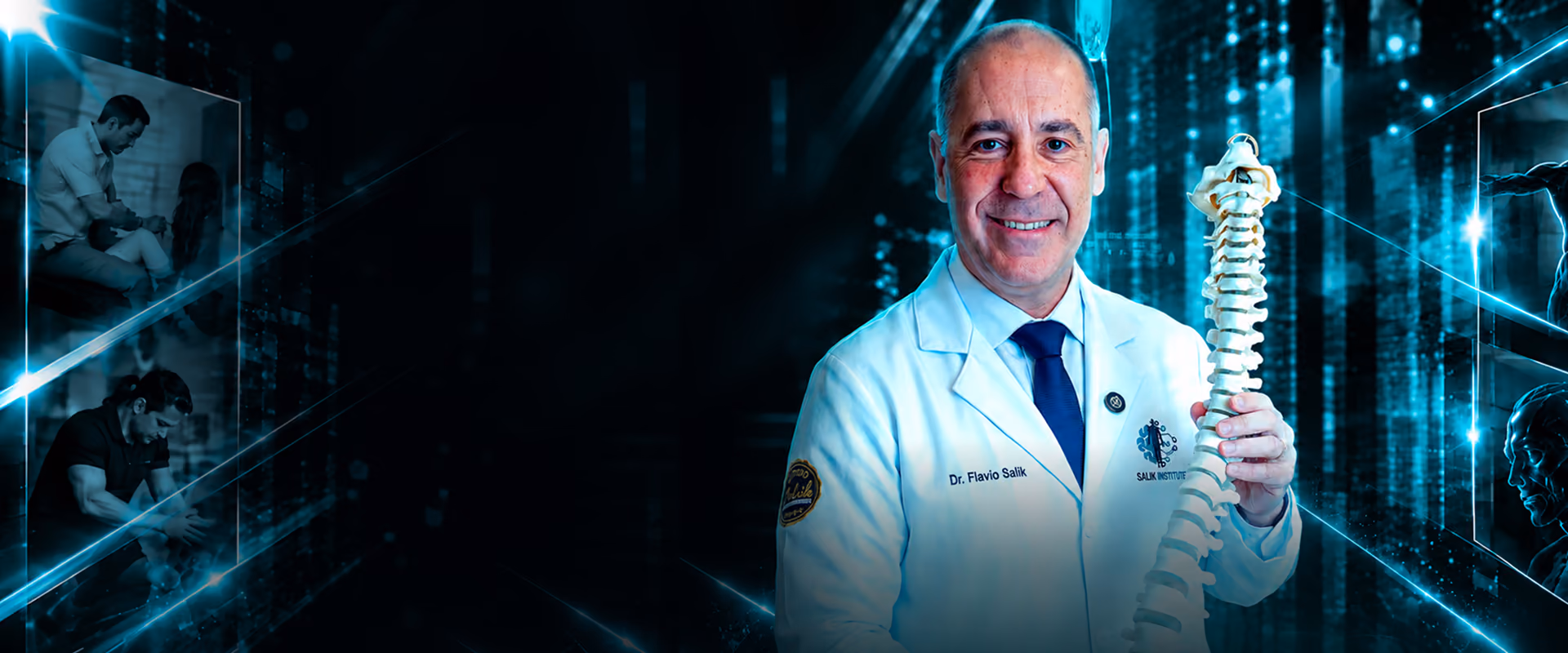 Professor Flávio Salik com um modelo anatômico da coluna vertebral